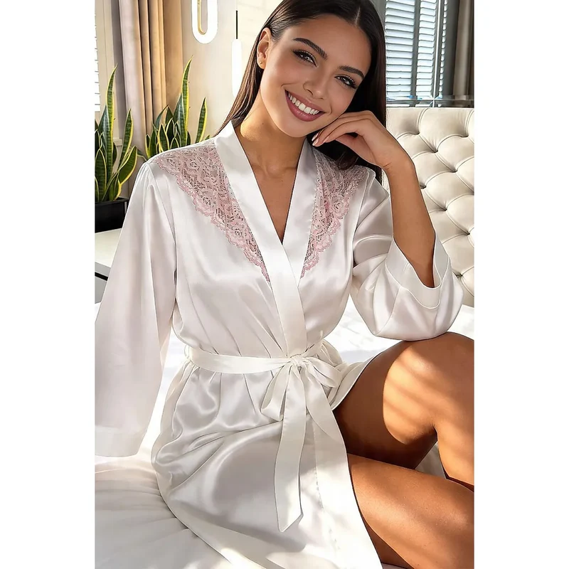 peignoir satin crème femme élégant dentelle romantique luxe mi-cuisse ajustable