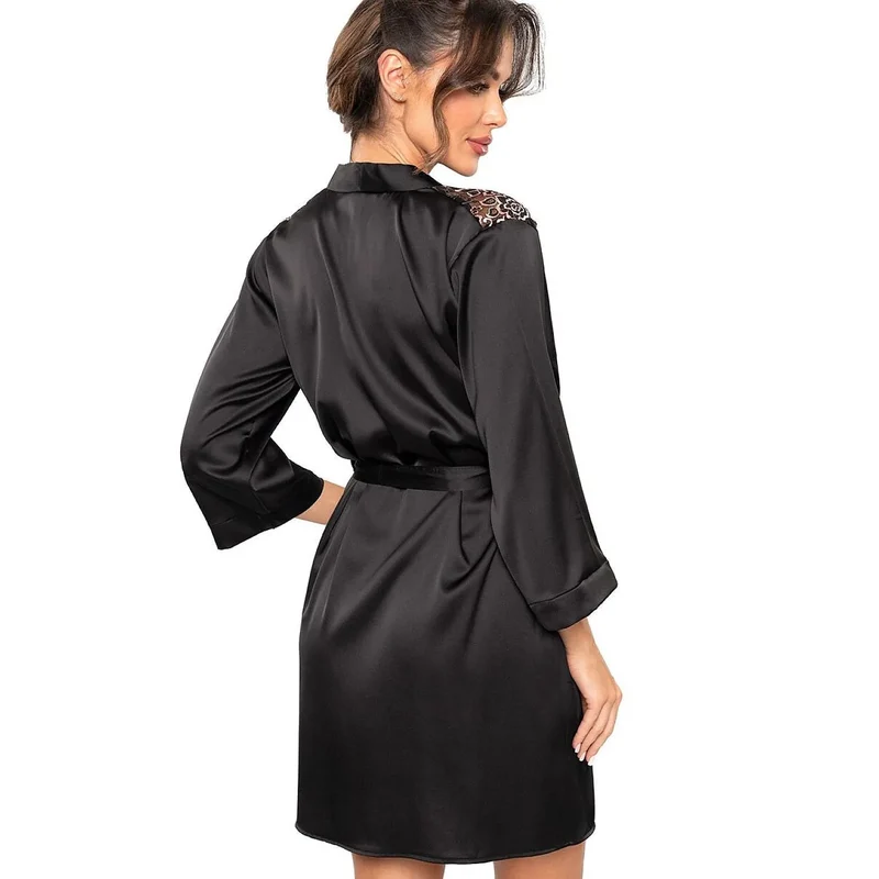 Peignoir satin dentelle Sabrina élégant féminin manches 3/4 mi-cuisse
