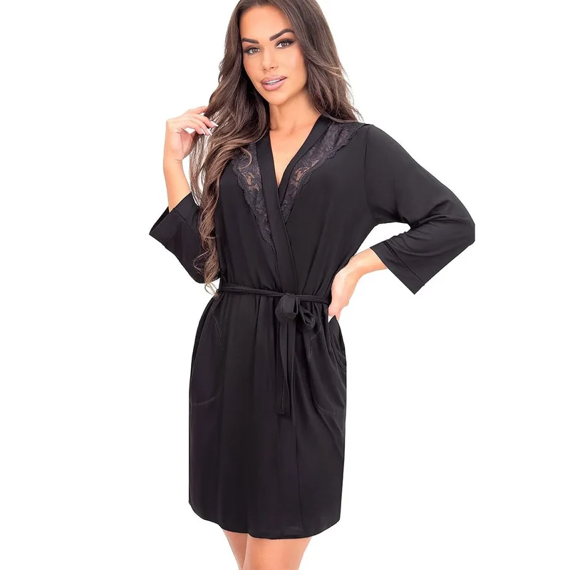 Peignoir femme Sonia noir élégant viscose dentelle confort quotidien 3/4 manches