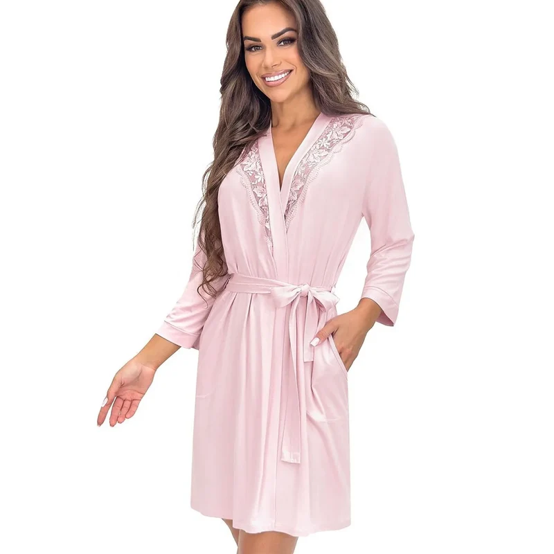 Peignoir femme élégant rose poudré viscose dentelle Sonia confort maison
