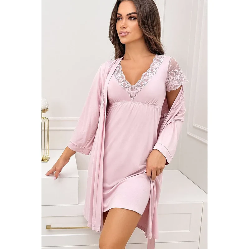 Peignoir femme élégant rose poudré viscose dentelle Sonia confort maison