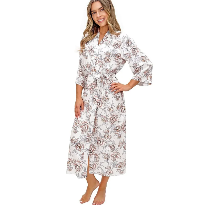 Peignoir long femme viscose élégant floral gris beige confort quotidien model 228612 Donna