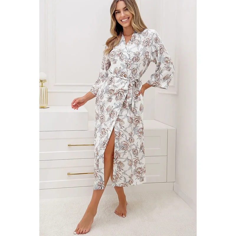 Peignoir long femme viscose élégant floral gris beige confort quotidien model 228612 Donna