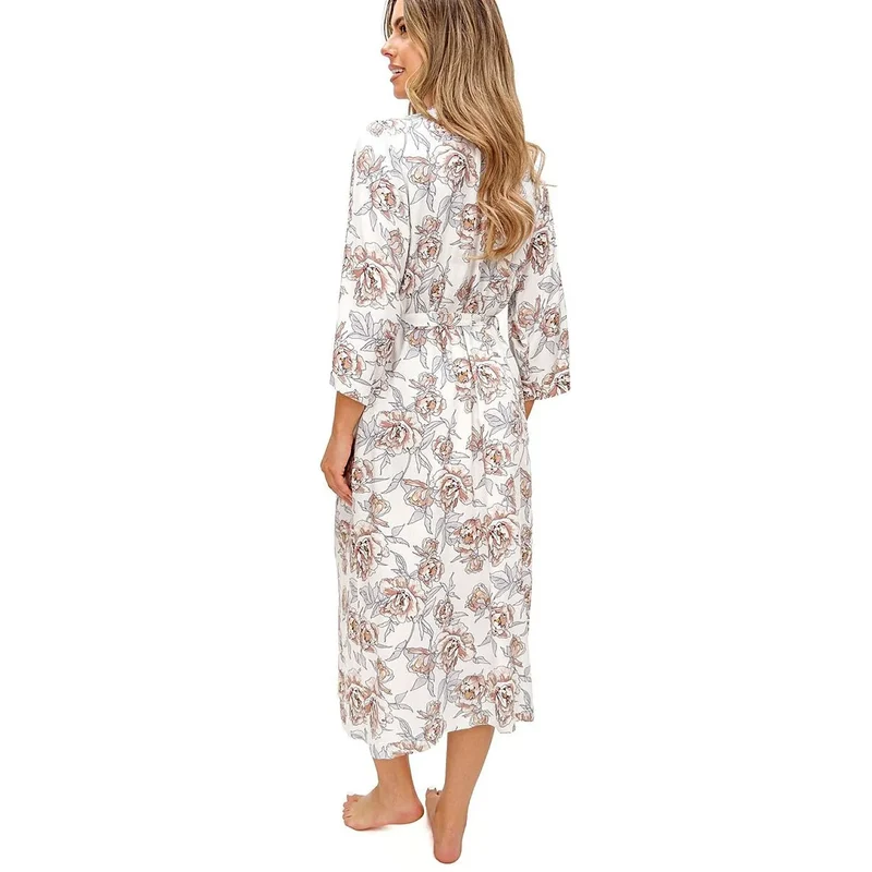 Peignoir long femme viscose élégant floral gris beige confort quotidien model 228612 Donna