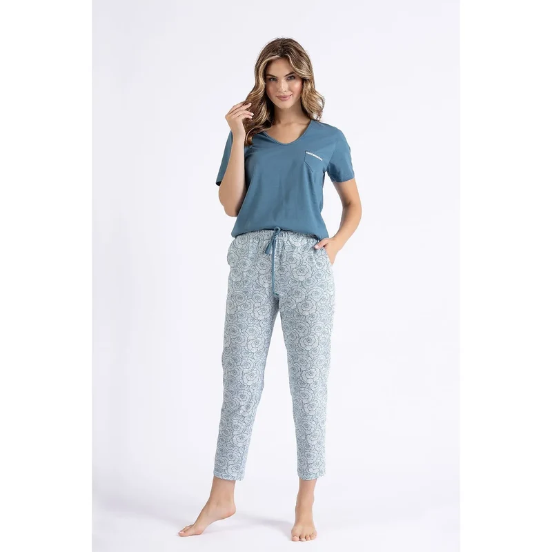 pyjama coton confortable femme manches courtes col V poche poitrine pantalon coupe droite cordon taille doux respirant bleu floral