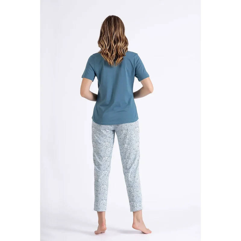 pyjama coton confortable femme manches courtes col V poche poitrine pantalon coupe droite cordon taille doux respirant bleu floral