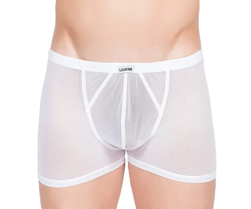 Boxer Homme Transparent Résille Blanche Sexy Confortable Élégant Ajusté Extensible Respirant Doux Polyamide Élasthanne Taillé Audacieux