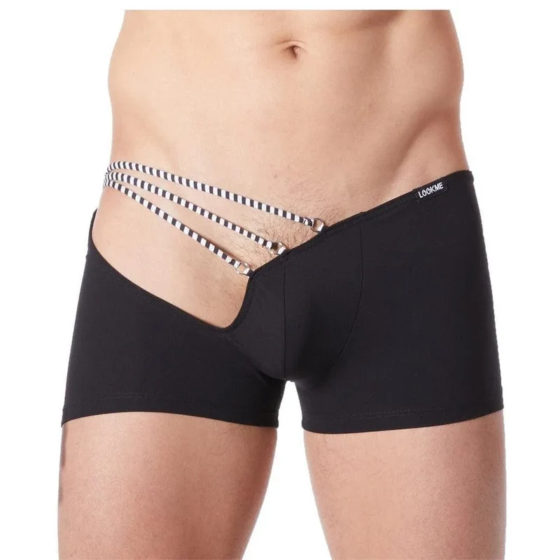 boxer homme noir sensualité cordelettes rayées croisées dos réunies coupe ajustée confortable extensible polyamide élasthanne qualité chic décontracté séduction