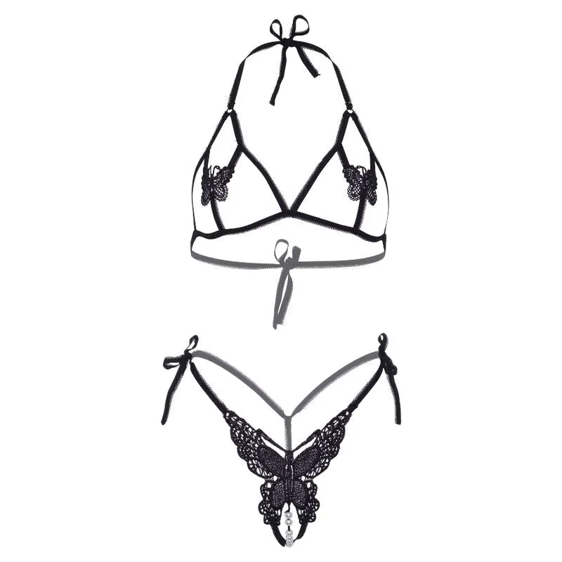 ensemble lingerie sexy résille papillon perles nouer noir soutien gorge bonnets ouverts string brins nylon transparent boîte luxe