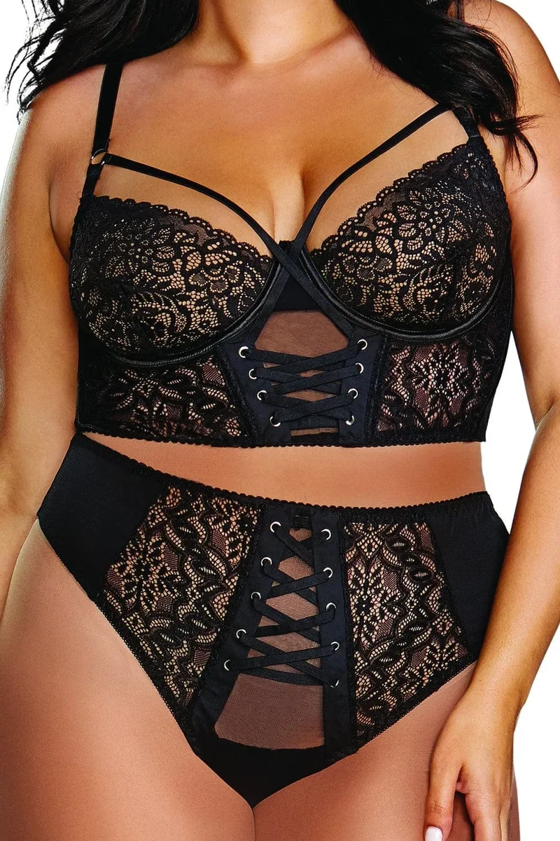 ensemble lingerie grande taille dentelle noire sensuelle bustier armature shorty assorti bretelles réglables crochets nylon élasthanne maintien confort