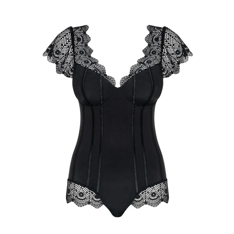 body noir dentelle armatures décolleté réglable arrière plongeant maintien optimal silhouette affinée lignes verticales brillantes volants cuisses épaules élasthanne romantique
