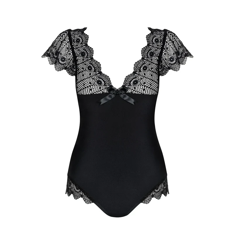 body noir dentelle armatures décolleté réglable arrière plongeant maintien optimal silhouette affinée lignes verticales brillantes volants cuisses épaules élasthanne romantique