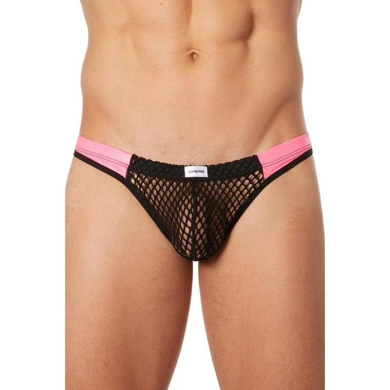 string homme noir chic filet simili cuir rose bandes extensible nylon élasthanne transparent aéré respirant élégant sexy ajusté confortable