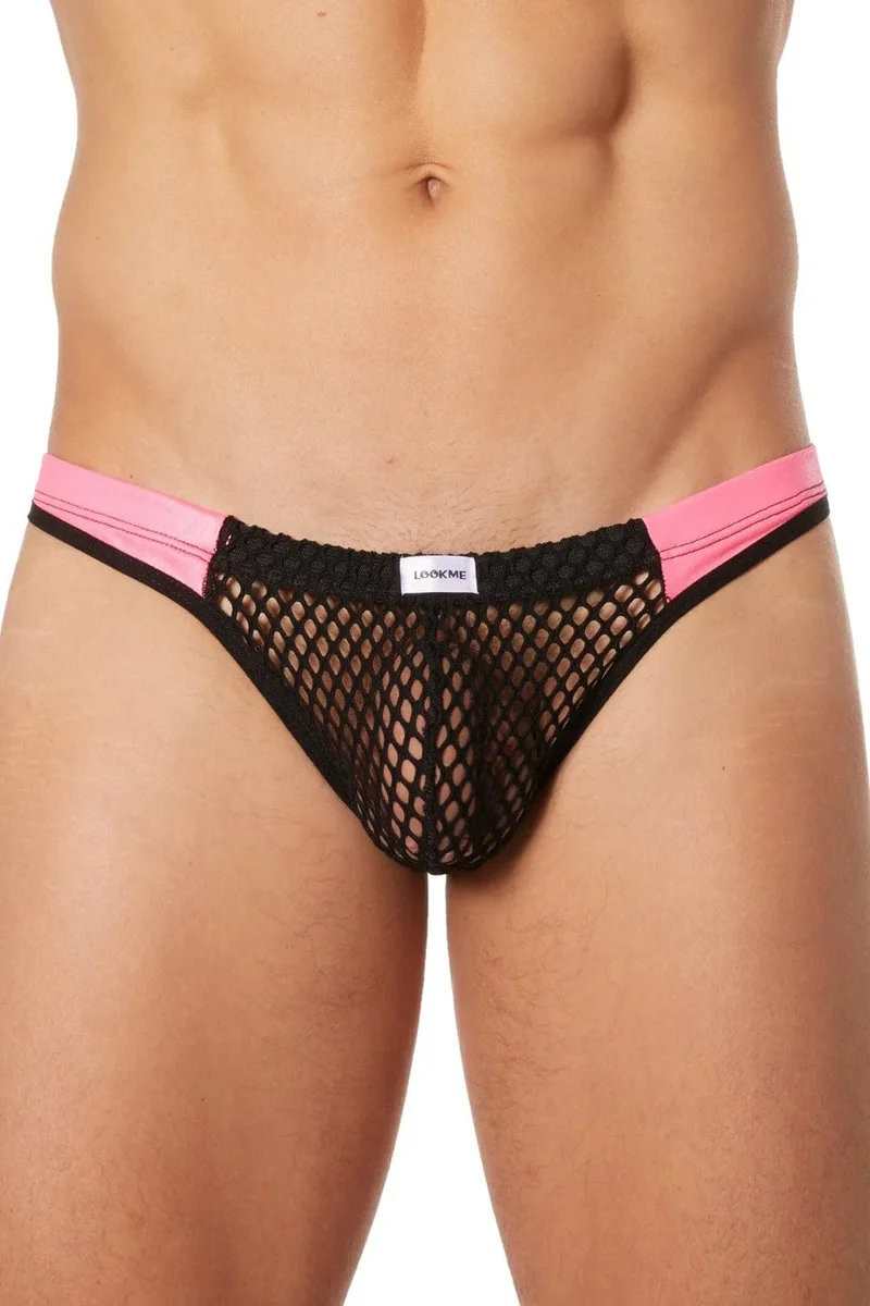 string homme noir chic filet simili cuir rose bandes extensible nylon élasthanne transparent aéré respirant élégant sexy ajusté confortable