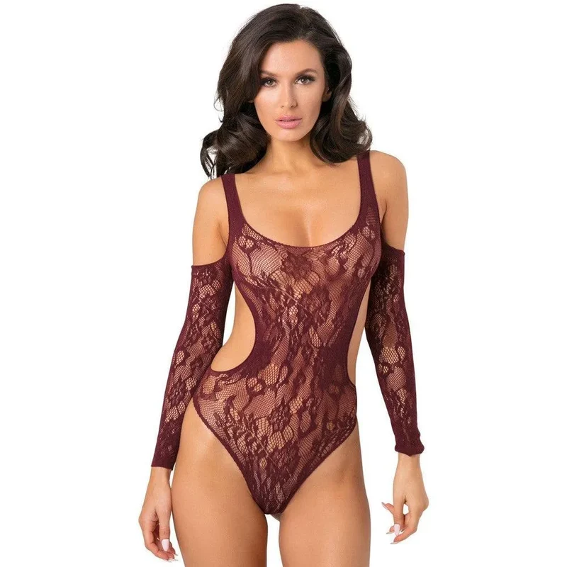 justaucorps bordeaux dentelle fine sexy motifs floraux échancré côtés manches troisquarts épaules nues maintien confortable taille ajustée élégant glamour
