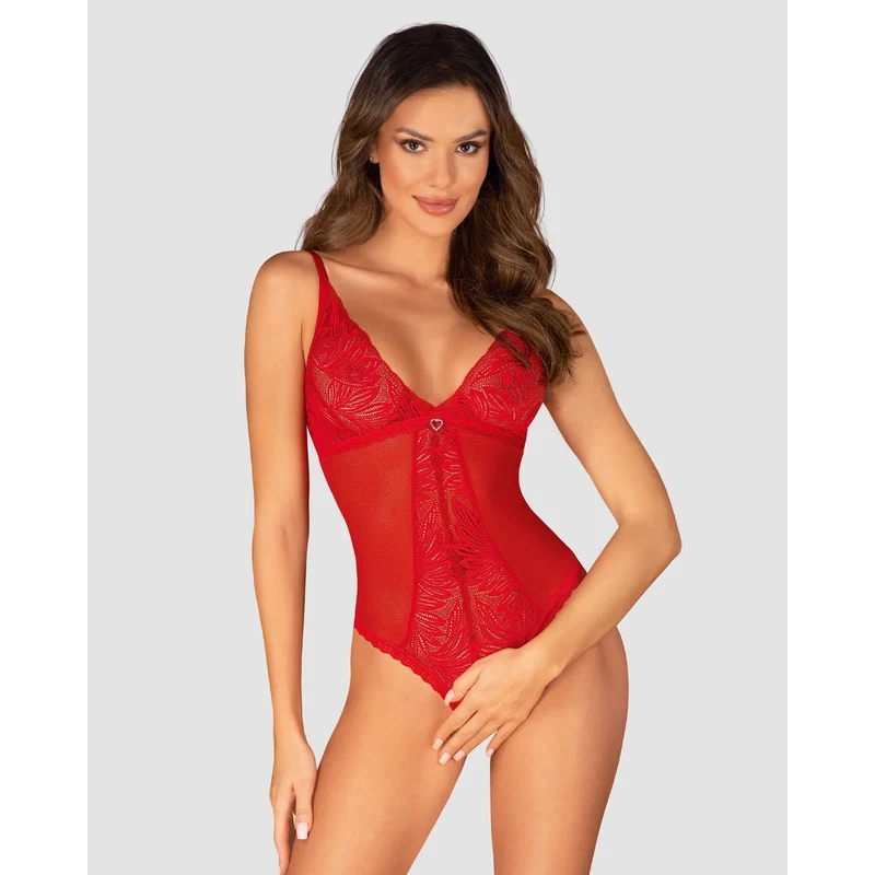 Chilisa body ouvert rouge lingerie sensuelle ajustable dentelle cœur argenté sangles réglables polyamide élasthanne confortable glamour