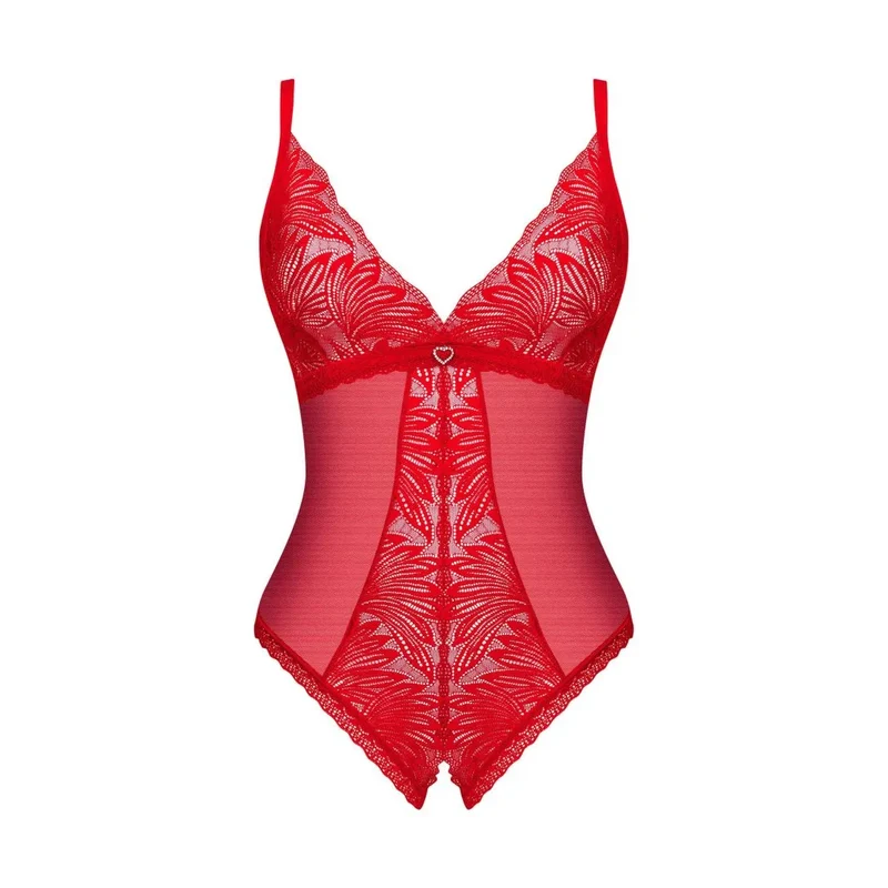 Chilisa body ouvert rouge lingerie sensuelle ajustable dentelle cœur argenté sangles réglables polyamide élasthanne confortable glamour