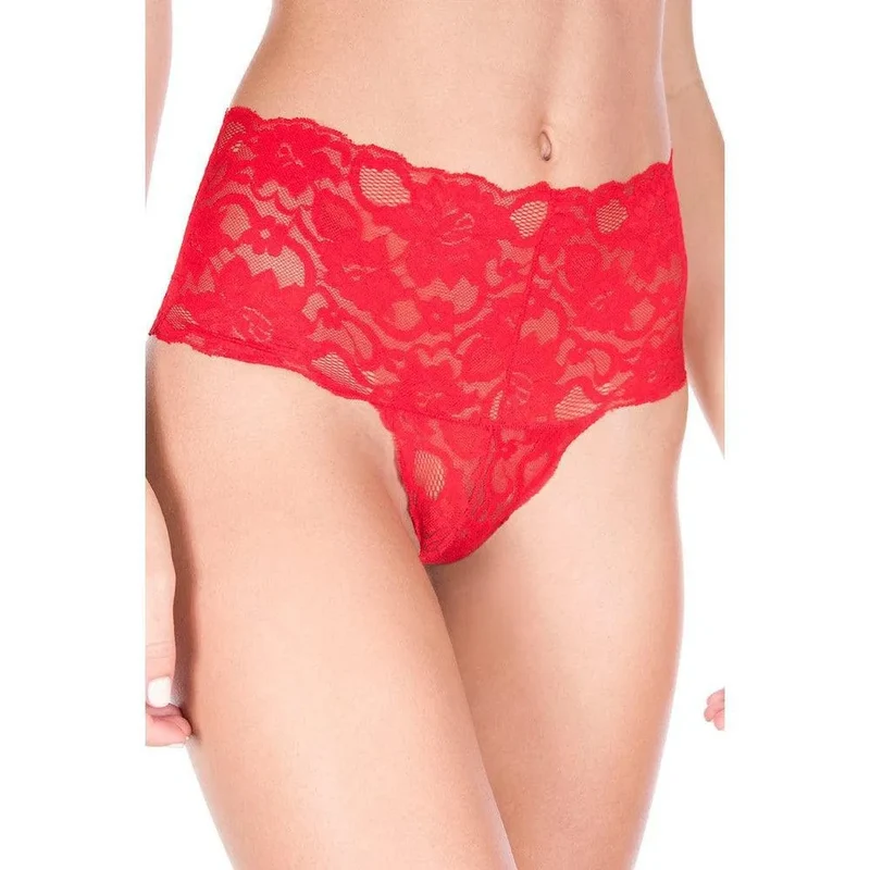 tanga string dentelle florale rouge taille haute large bande douce extensible confortable sexy élégante flatteuse durable qualité nylon elasthanne