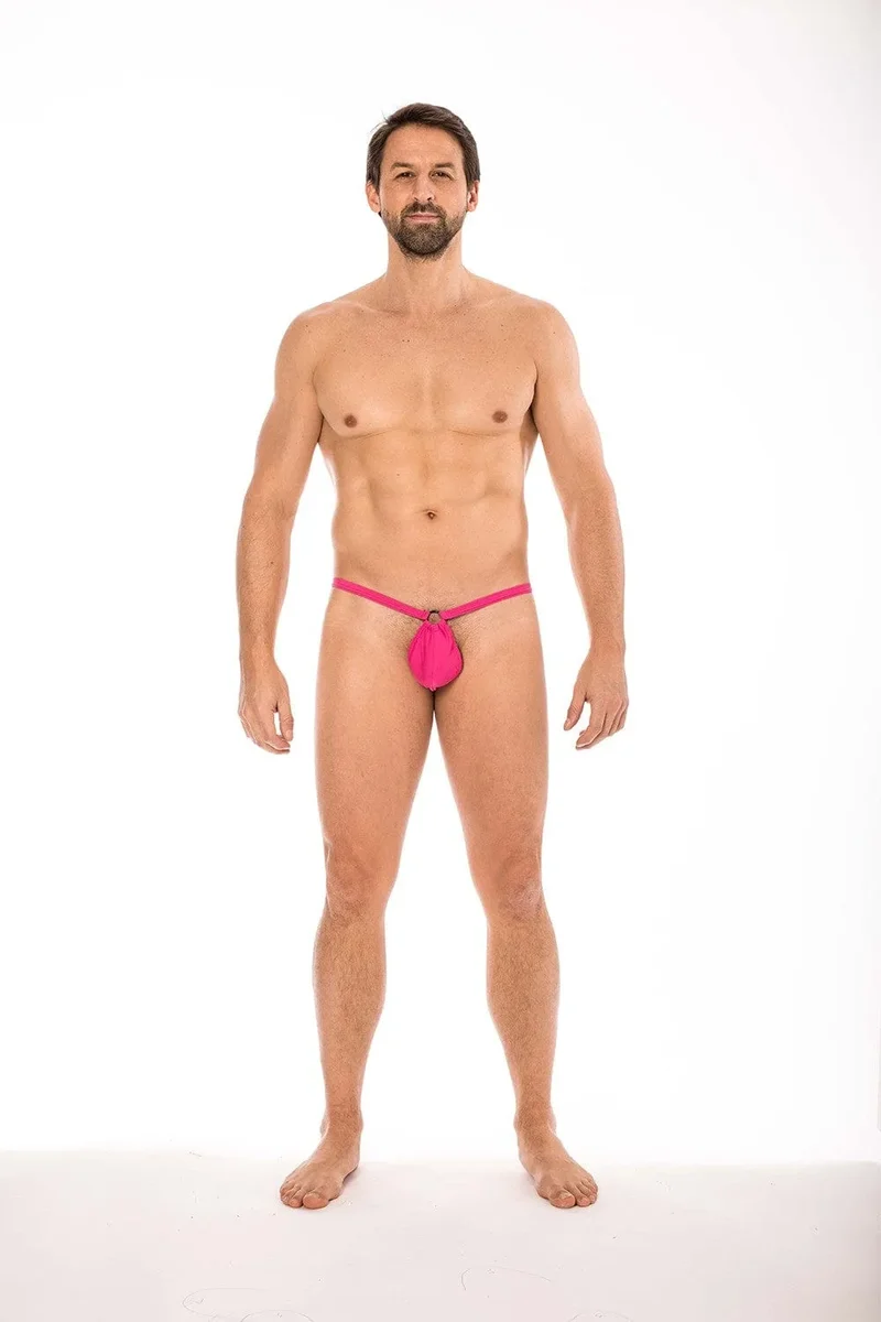 slip rose magenta mini string homme poche banane anneau dessus triangle arrière polyamide spandex extensible sexy tendance