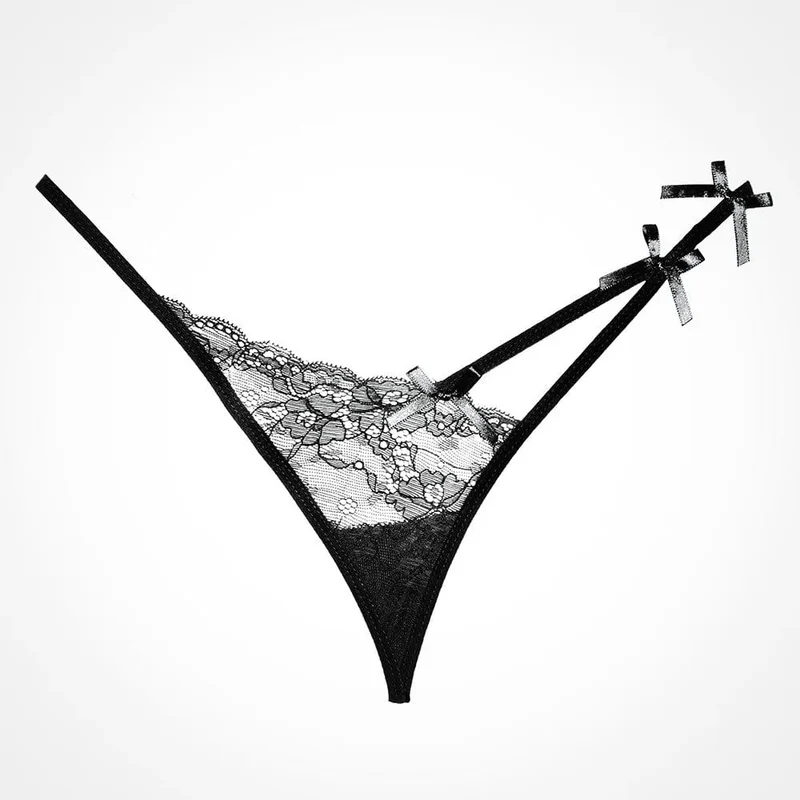 string noir dentelle nœuds satinés empiècement avant arrière fines lanières polyester confortable sensuelle élégante raffinée sexy