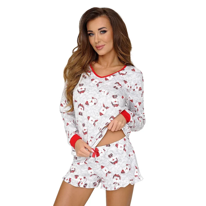 Pyjama en coton 100% Teddy II 1-2 modèle 171575 Donna peluche nounours blancs neige cœurs manches longues passepoil rouge encolure modérée shorts volant