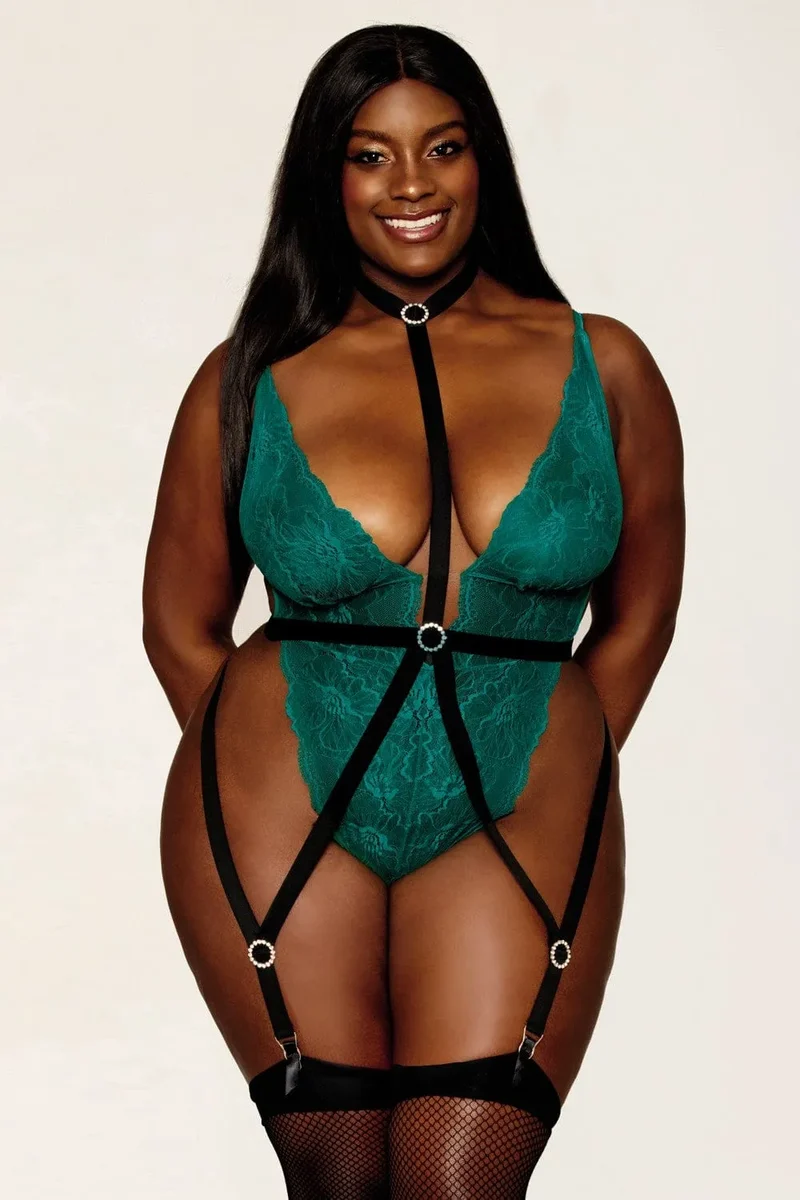 Body grande taille vert dentelle sexy élégant sensualité fine ajustable harnais noir ouverture entrejambe élasticité nylon élasthanne