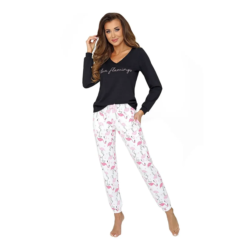 Pyjama sexy model 171574 Donna flamingo print coton 100% manches longues slim-fit pantalon longueur cheville romantique nuits froides lingerie intime