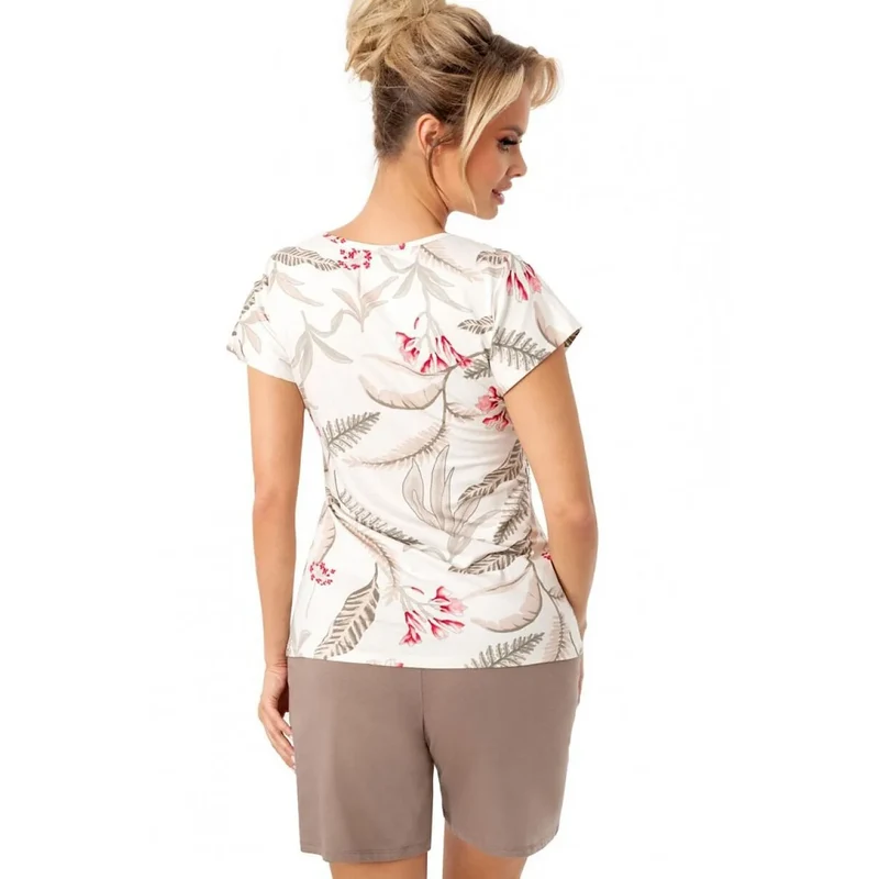 Pyjama féminin élégant d'été viscose douce motif feuilles floraux rouges