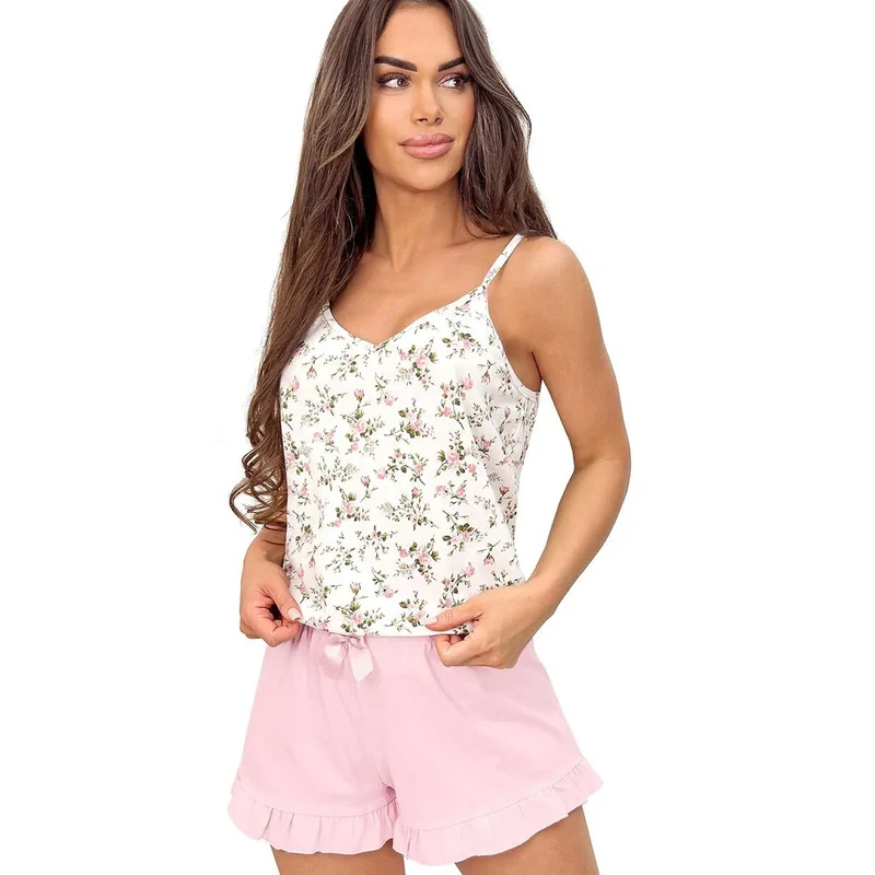 Pyjama coton femme Emilia floral bretelles rose poudré été romantique confortable