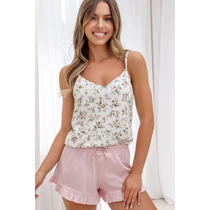 Pyjama coton femme Emilia floral bretelles rose poudré été romantique confortable