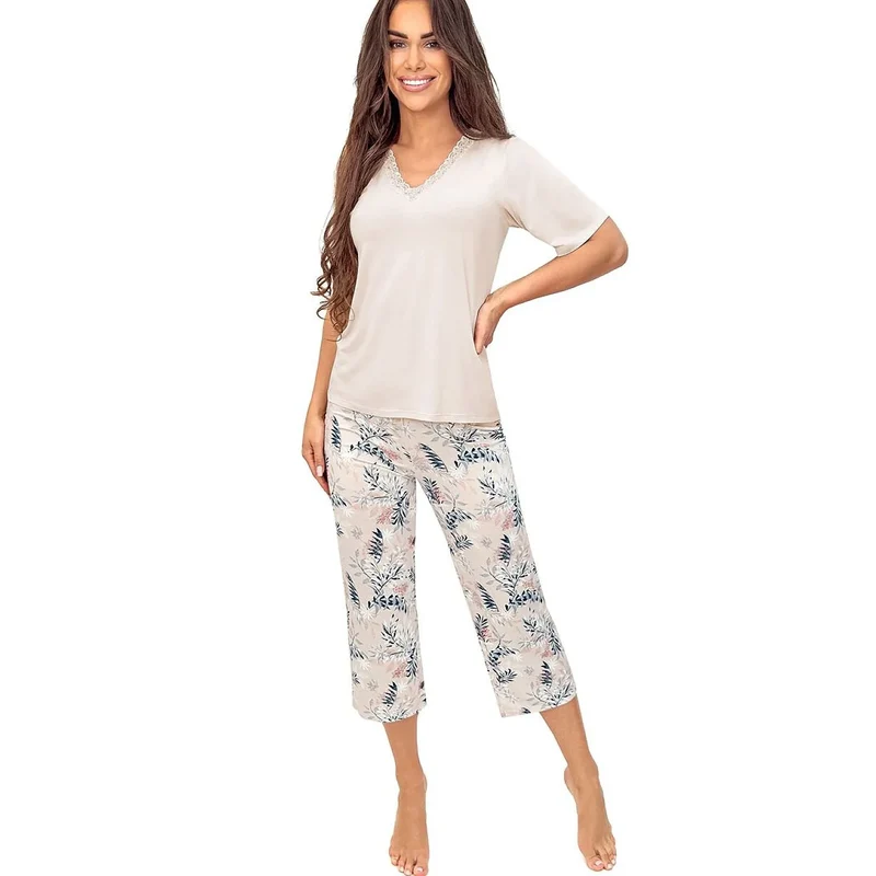 Pyjama femme élégant confort viscose floral dentelle manches longues Goya 3/4