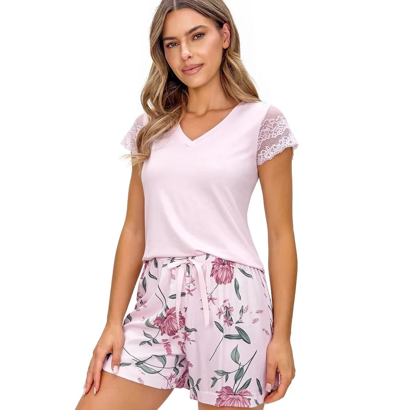 Pyjama femme confortable dentelle rose clair élégant respirant viscose nuits chaudes