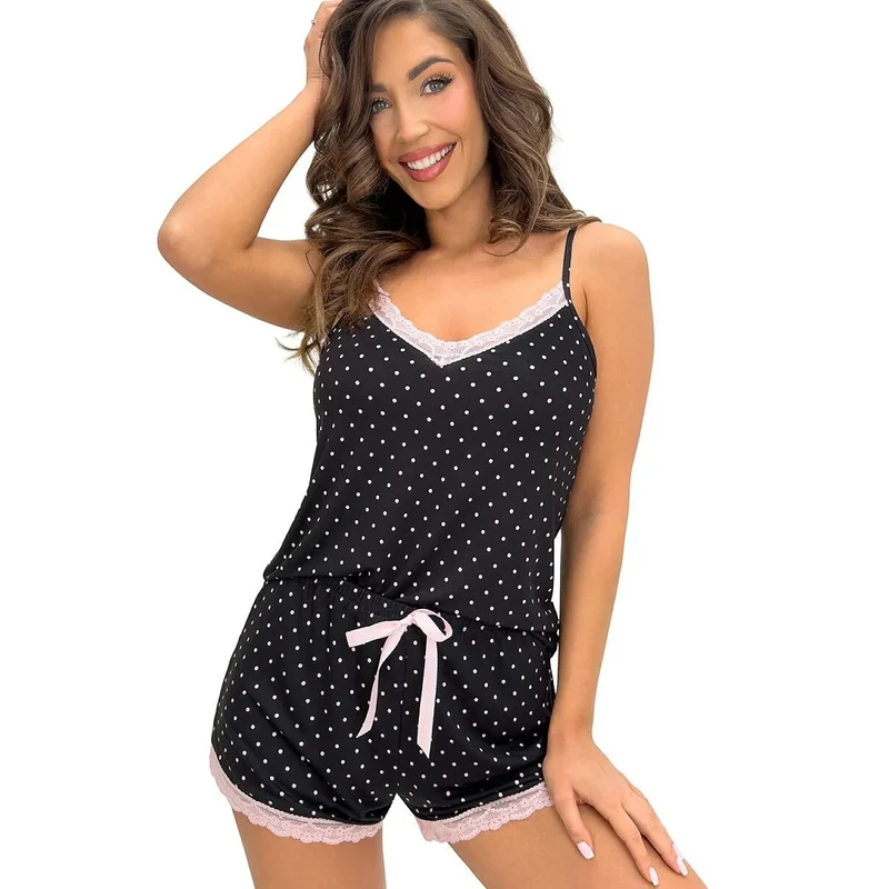 Pyjama femme été léger à pois dentelle confort viscose élégant