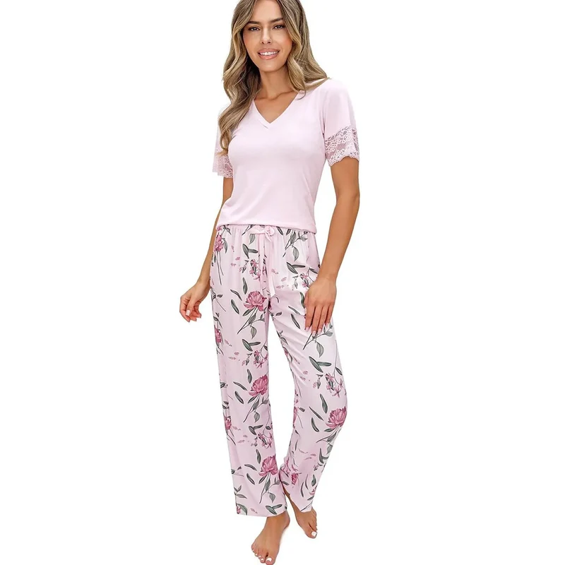 Pyjama femme élégant rose clair dentelle viscose confort taille élastique
