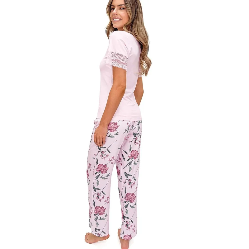 Pyjama femme élégant rose clair dentelle viscose confort taille élastique