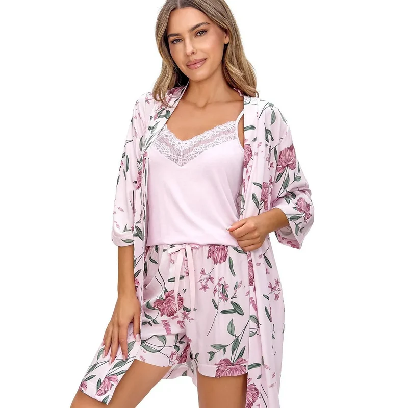 Pyjama femme Gabriela rose clair dentelle viscose été confortable élégant