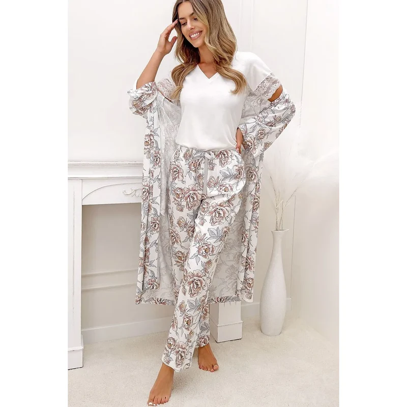 Pyjama femme élégant viscose écru dentelle confort intemporel Elizabeth