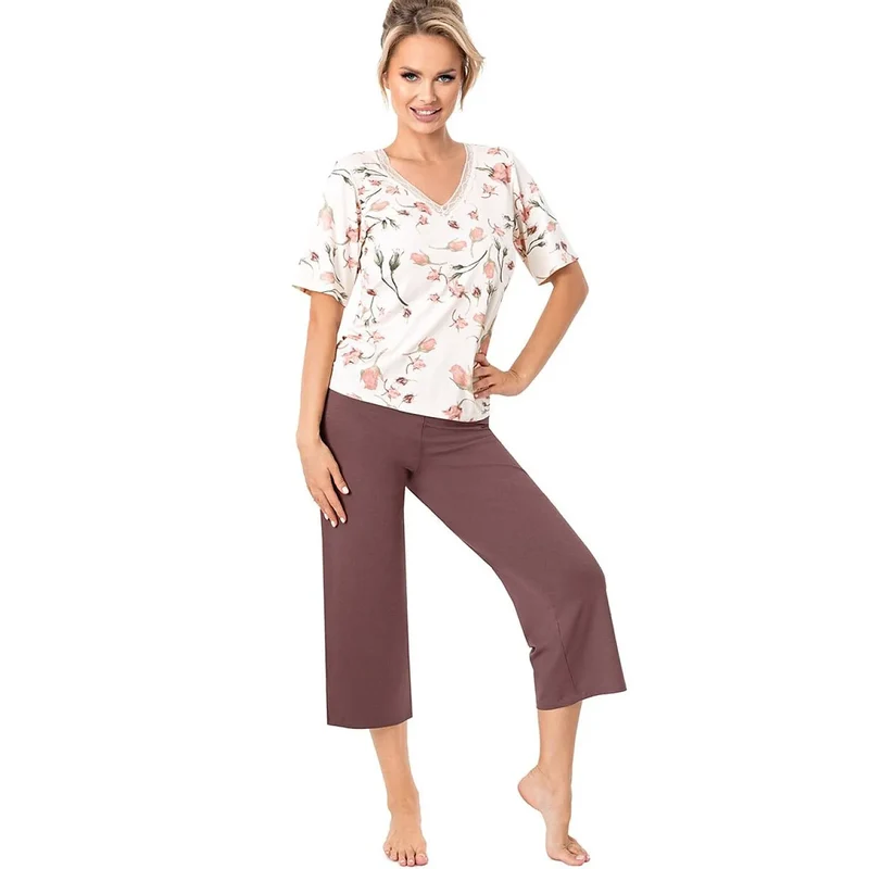 Pyjama femme élégant viscose dentelle floral manches longues confort maison