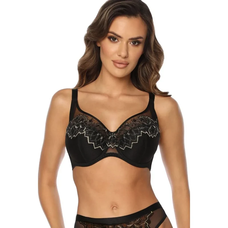 Soutien-gorge semi-soft noir dentelle fils dorés ajustable Kinga 227511