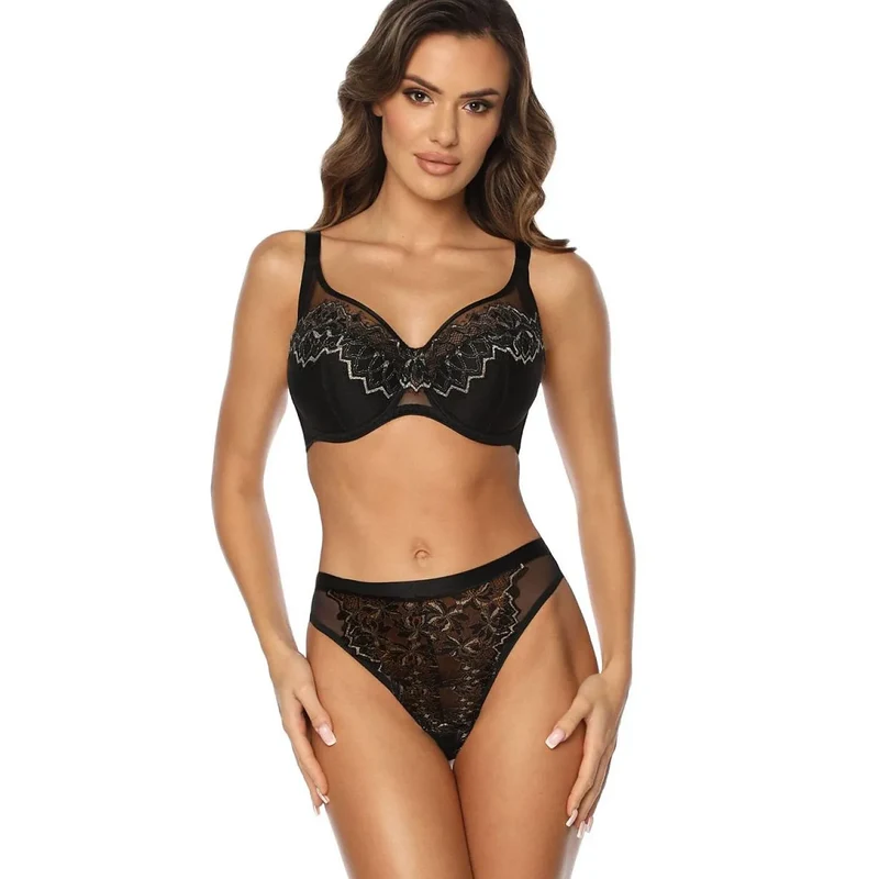 Soutien-gorge semi-soft noir dentelle fils dorés ajustable Kinga 227511