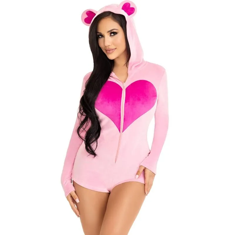 combinaison velours ultra doux ours peluche fermeture zippée cœur carnaval cosy soirée confortable chaud adorable mignon ajustable tailles S M