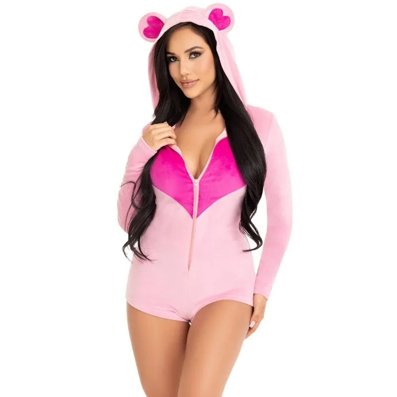 combinaison velours ultra doux ours peluche fermeture zippée cœur carnaval cosy soirée confortable chaud adorable mignon ajustable tailles S M