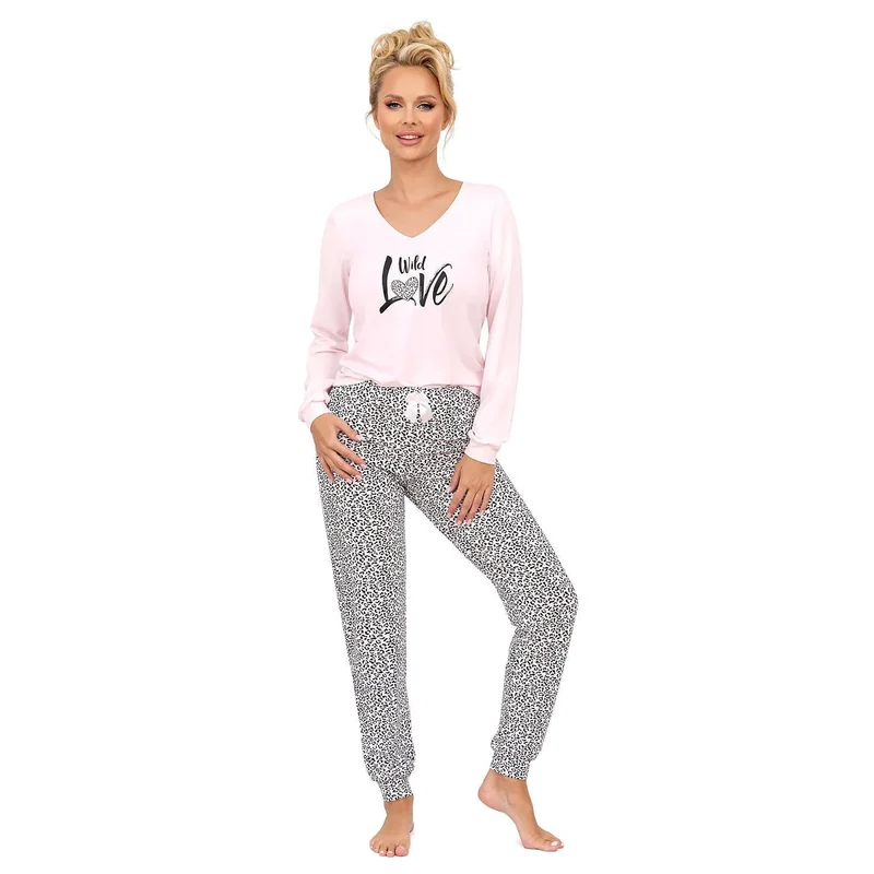 Pyjama élégant pour femme en rose pâle imprimé Wild Love col en V pantalon motif léopard taille élastique