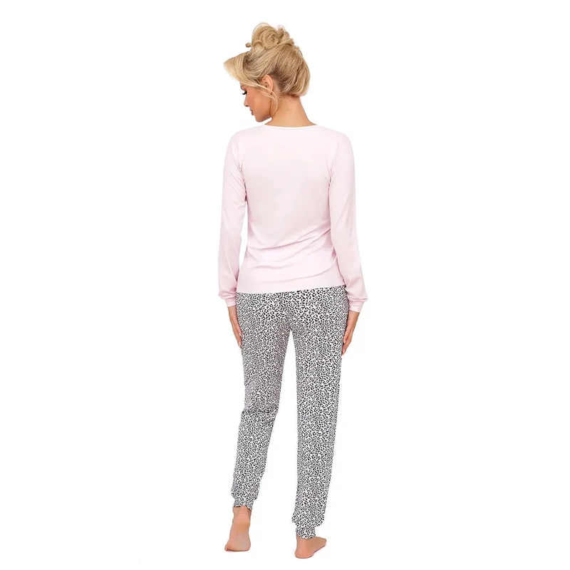 Pyjama élégant pour femme en rose pâle imprimé Wild Love col en V pantalon motif léopard taille élastique