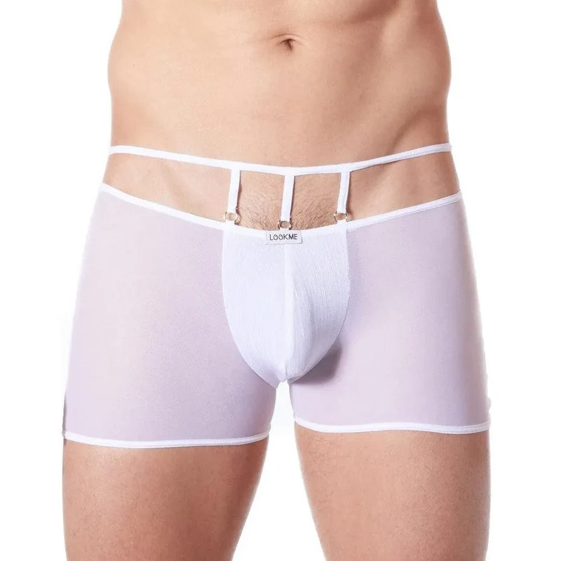 Boxer sensuel blanc homme tissu brillant élégant confortable moulant transparent maille fine extensible maintien raffiné glamour