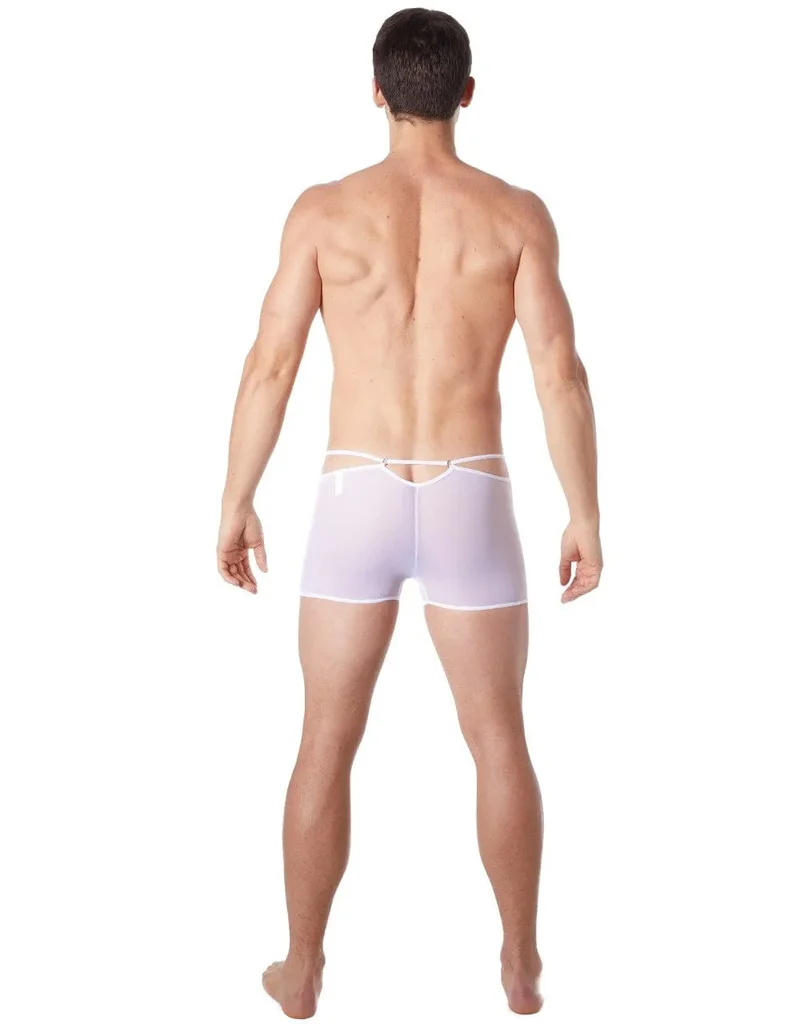 Boxer sensuel blanc homme tissu brillant élégant confortable moulant transparent maille fine extensible maintien raffiné glamour