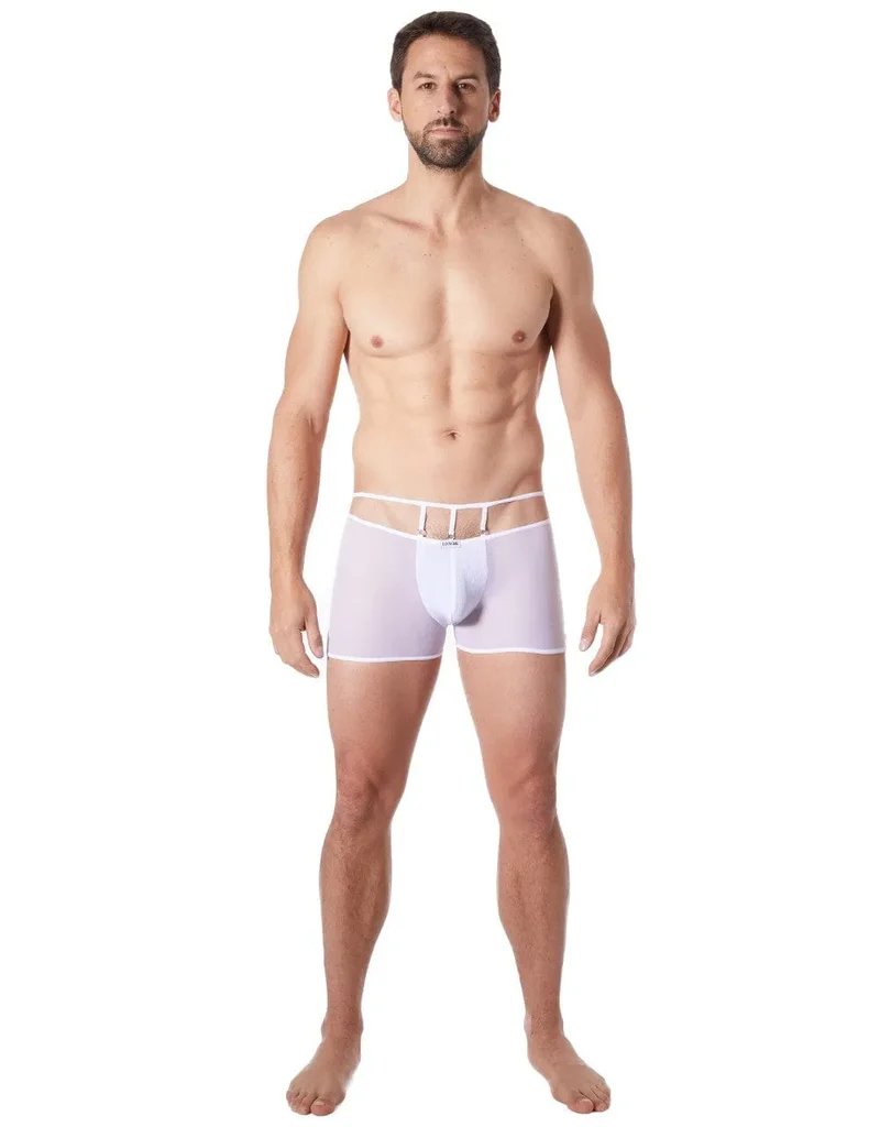 Boxer sensuel blanc homme tissu brillant élégant confortable moulant transparent maille fine extensible maintien raffiné glamour