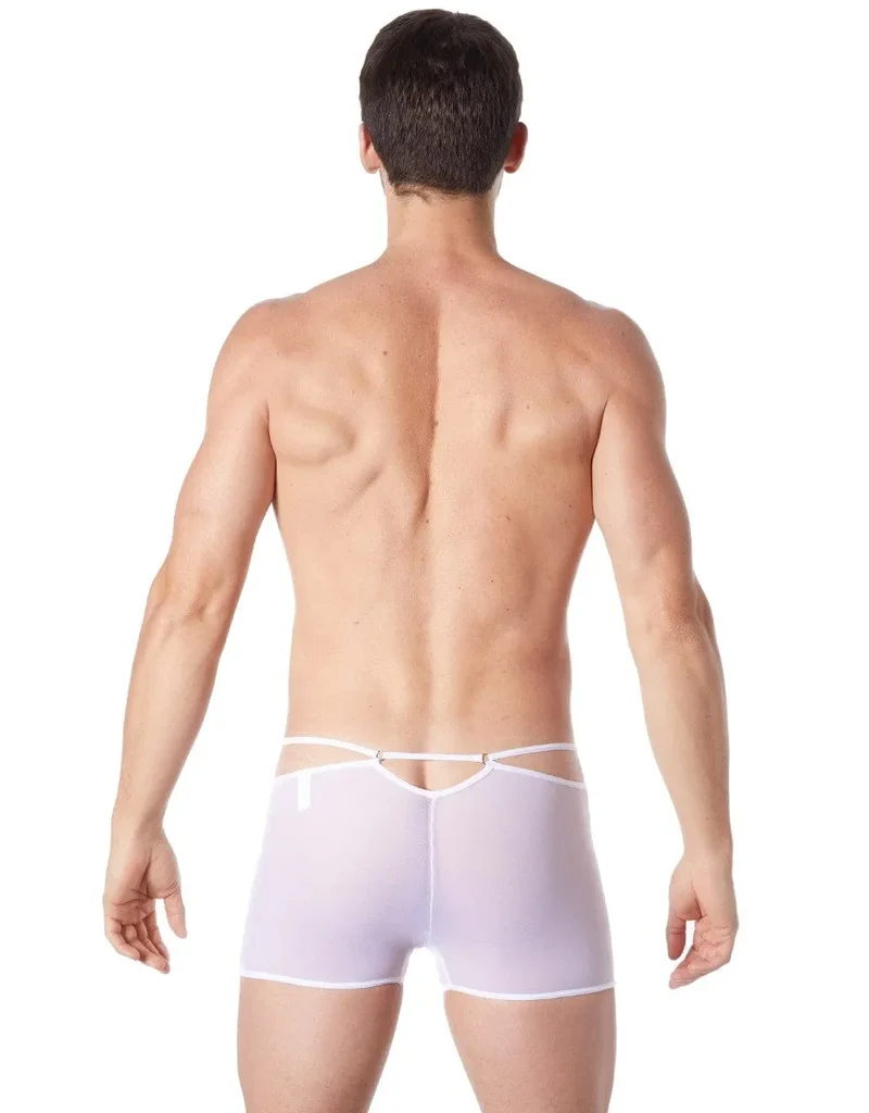 Boxer sensuel blanc homme tissu brillant élégant confortable moulant transparent maille fine extensible maintien raffiné glamour