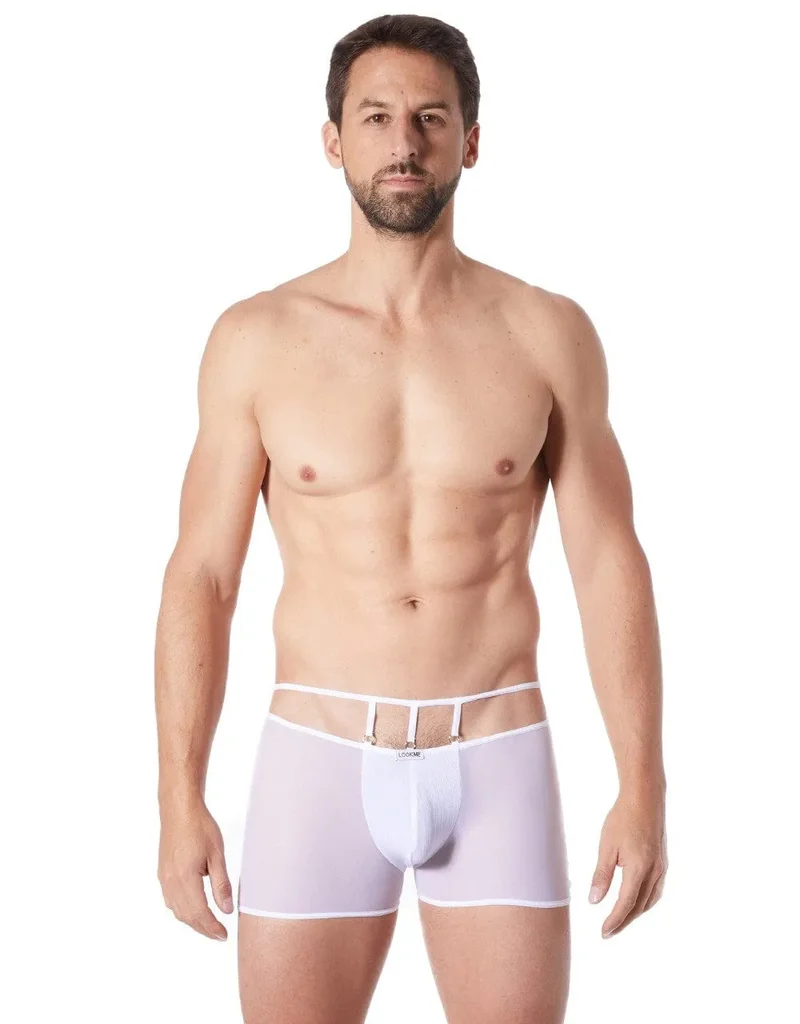 Boxer sensuel blanc homme tissu brillant élégant confortable moulant transparent maille fine extensible maintien raffiné glamour