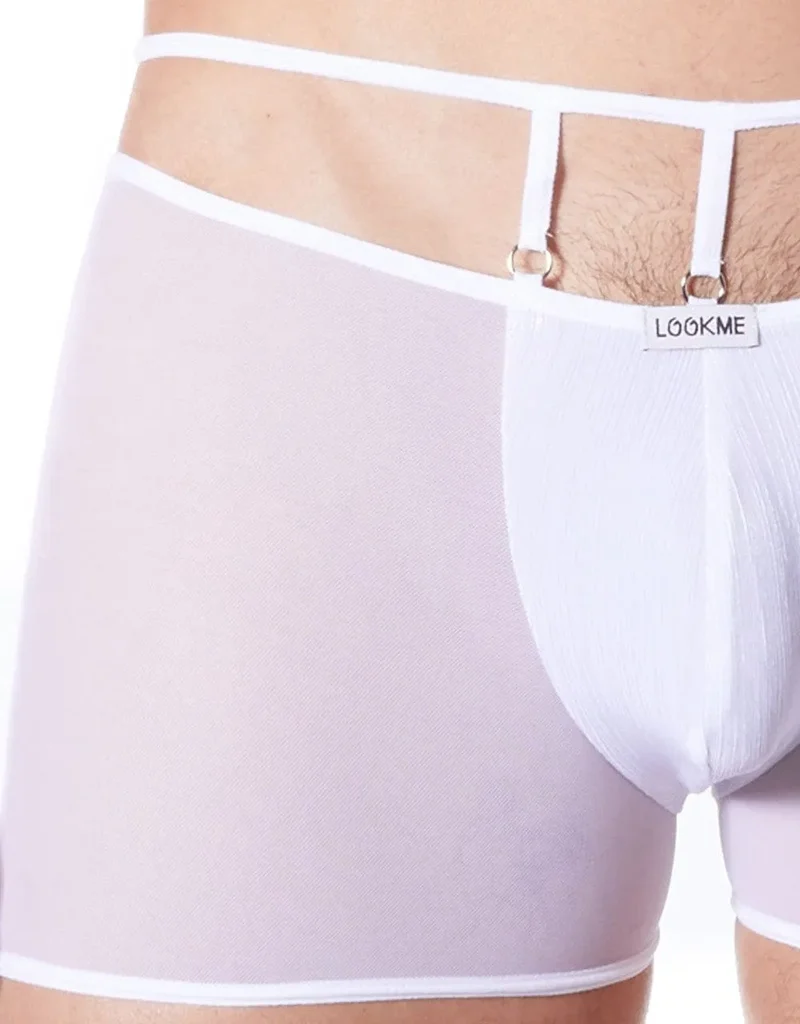 Boxer sensuel blanc homme tissu brillant élégant confortable moulant transparent maille fine extensible maintien raffiné glamour